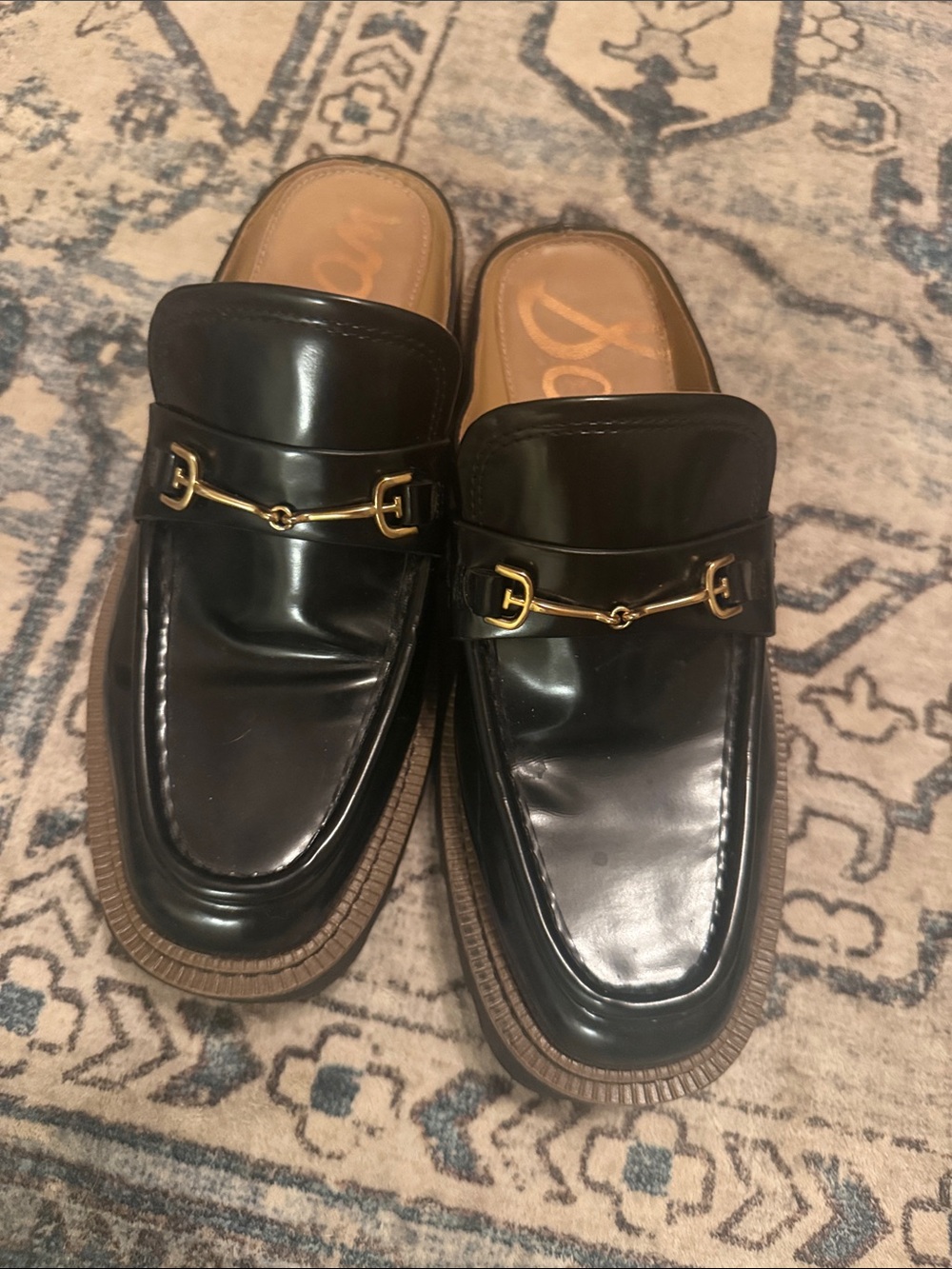 Sam Edelman Black Leather Slip-On Loafers with Gold Bit